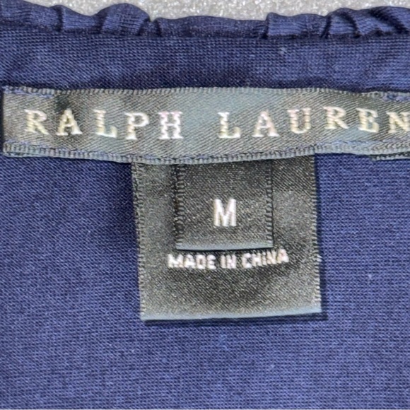 Ralph Lauren Black Label Navy Ruffled button up short sleeve Blouse size Medium - Picture 4 of 12